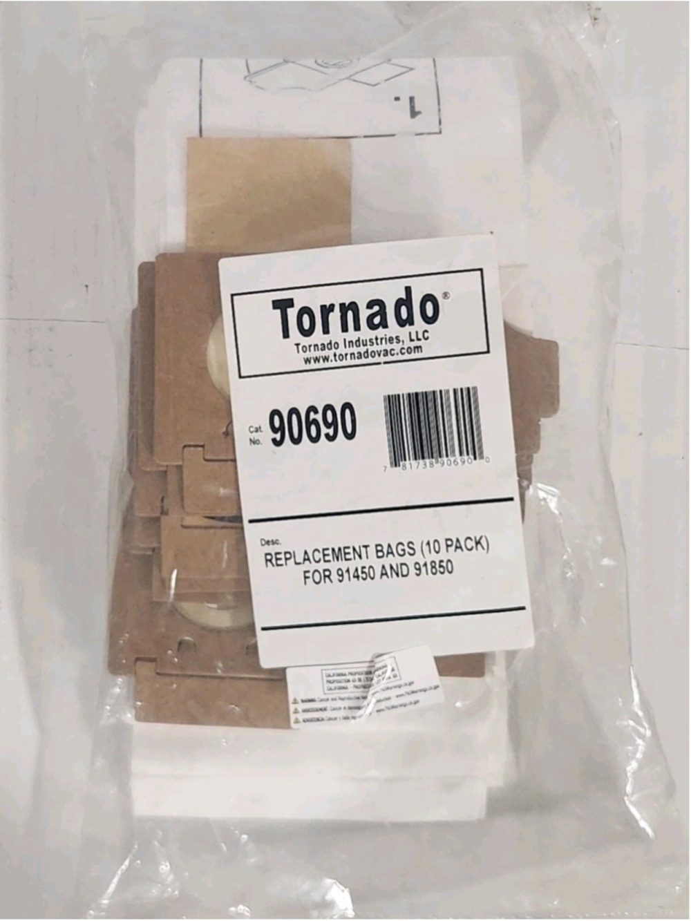 Genuine Tornado Replacement Bags For 91450, 91850 - 90690, 10 in Pack OEM Bags